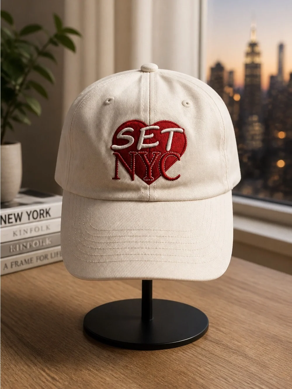 NWT SET Actives Off White Baseball Cap Embroidered Red Heart NYC Adjustable